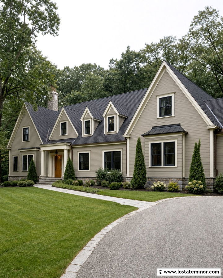 Greige House With Mixed Size Dormers - 30 Greige House Design With Dormers Ideas
