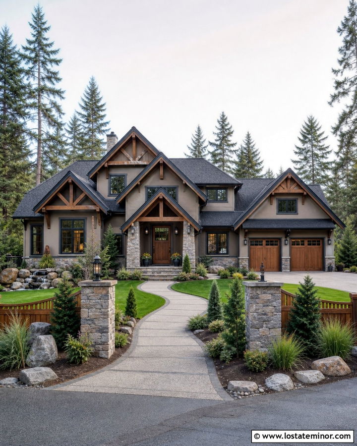 Greige House With Mixed Stone And Cedar Fence - 30 Greige House Design With Fence Ideas