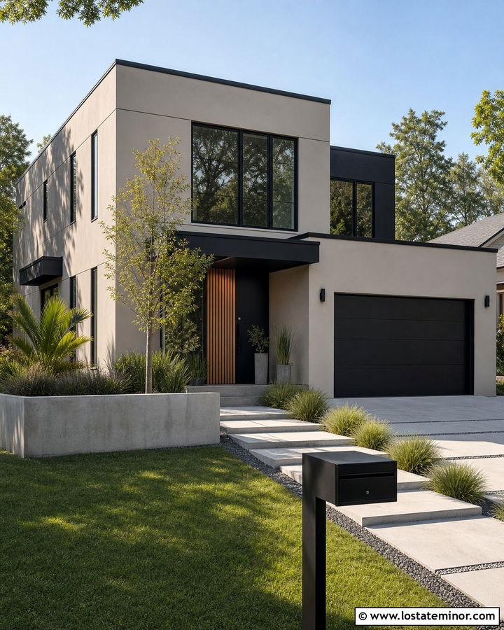 Greige House With Modern Black Mailbox - 30 Greige House Design With Mailbox Ideas