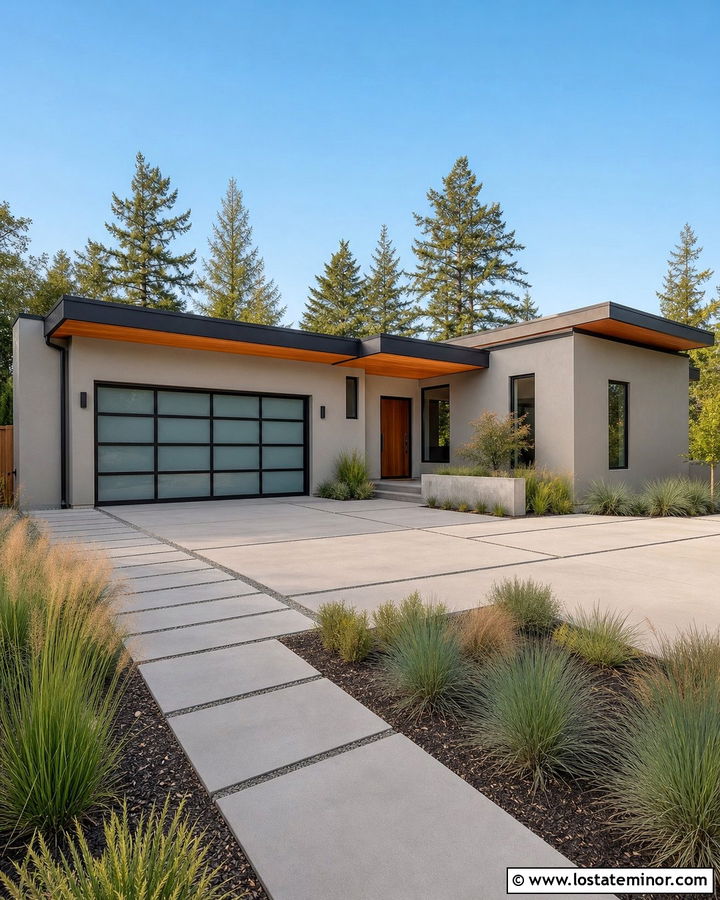 Greige House With Modern Glass Garage Door - 30 Greige House Design With Garage Door Ideas