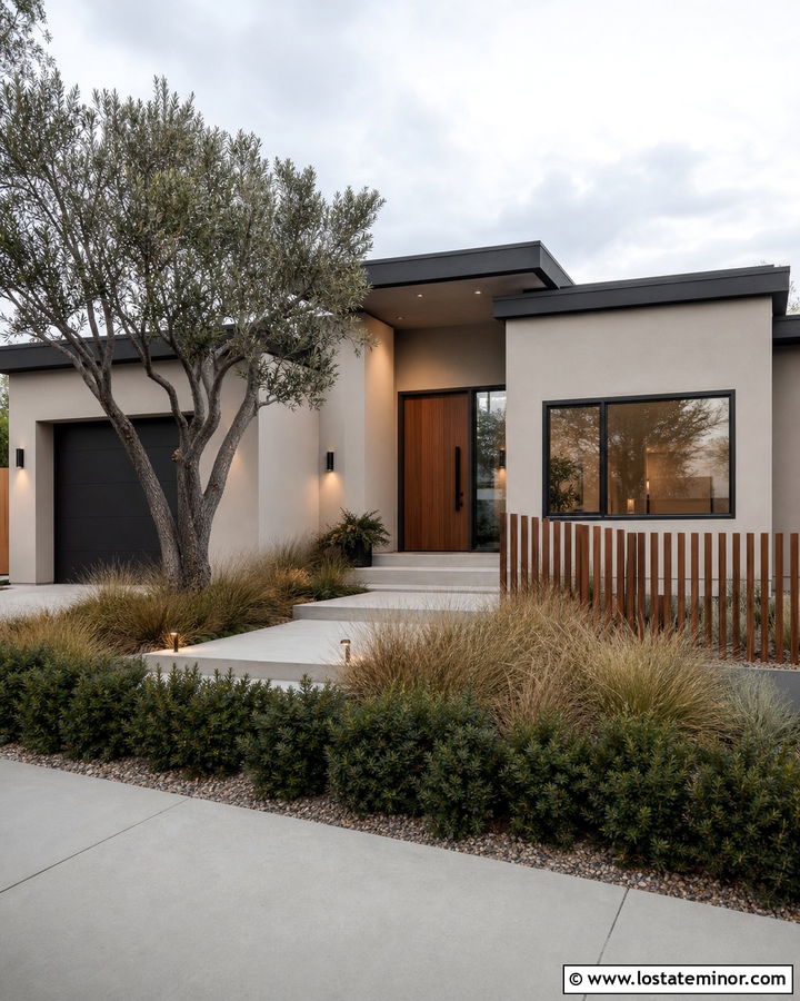 Greige House With Modern Slatted Fence - 30 Greige House Design With Fence Ideas