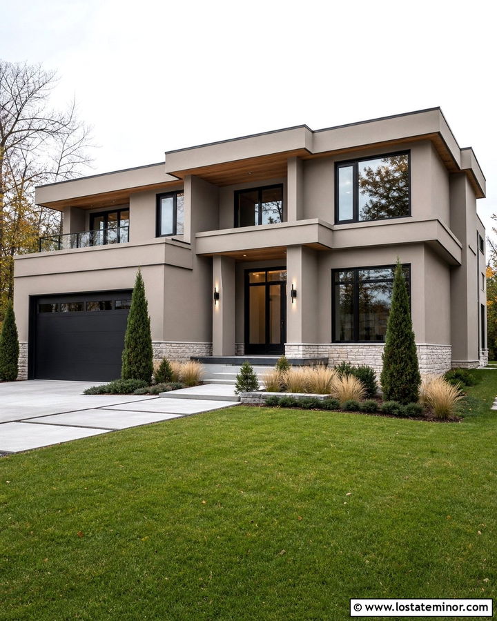 Greige House With Modern Square Columns - 30 Greige House Design With Porch Columns Ideas