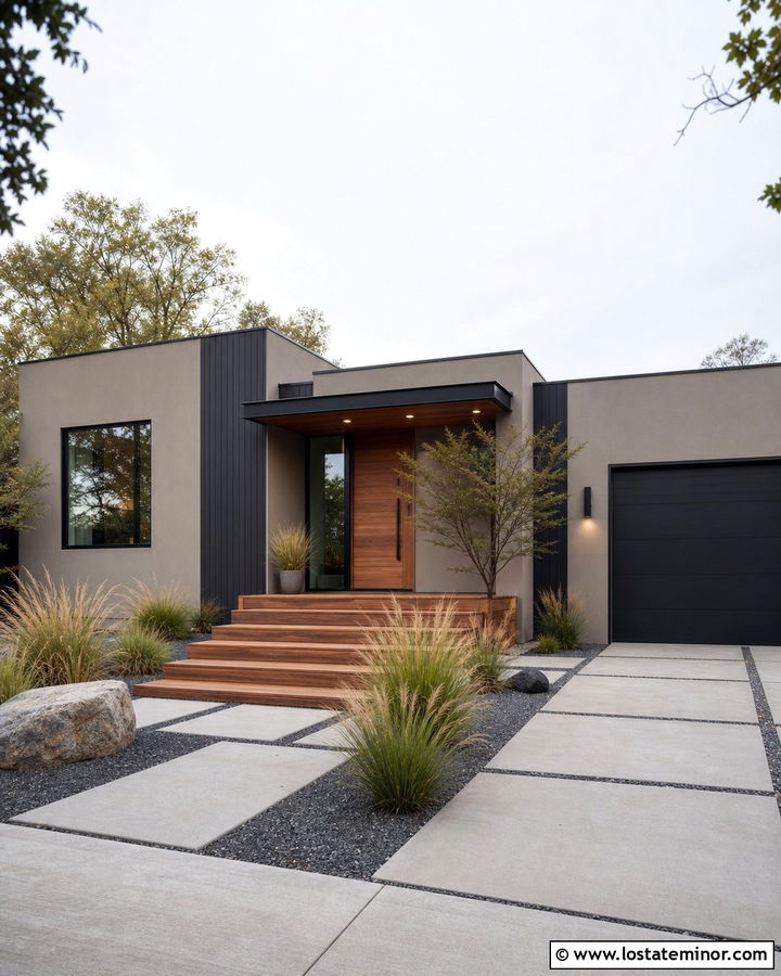 Greige House With Modern Wood Steps - 30 Greige House Design With Steps Ideas