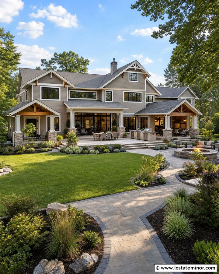 Greige House With Multiple Backyard Zones - 30 Greige House Design With Backyard Ideas