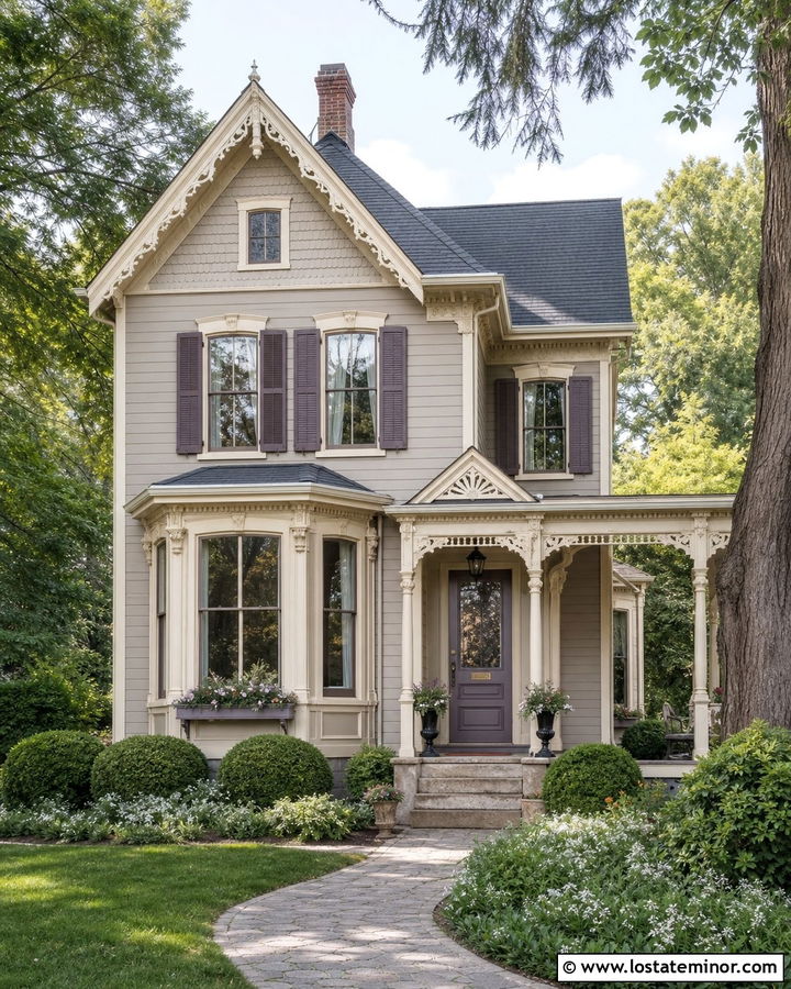Greige House With Muted Plum Shutters - 30 Greige House Design With Shutters Ideas