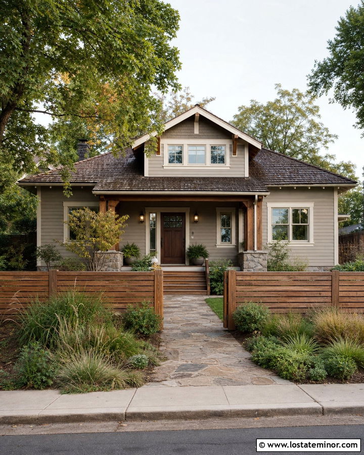Greige House With Natural Cedar Fence - 30 Greige House Design With Fence Ideas