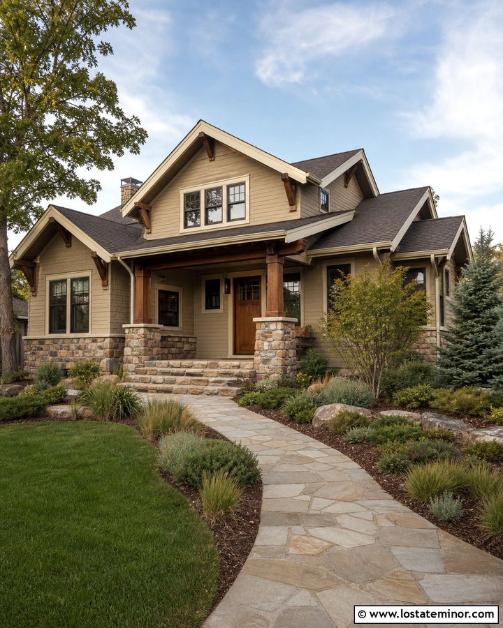 Greige House With Natural Stone Steps - 30 Greige House Design With Steps Ideas