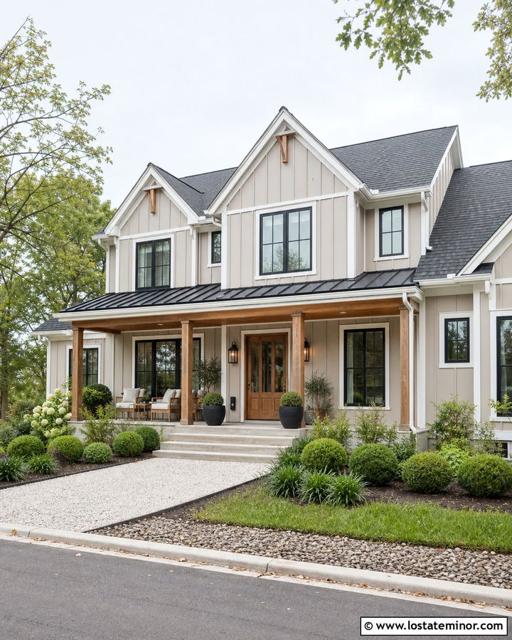 Greige House With Natural Wood Front Door - 30 Greige House Design With Front Porch Ideas