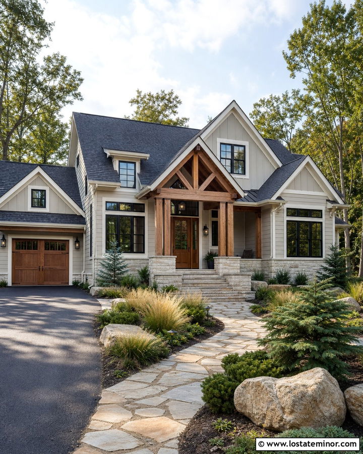 Greige House With Natural Wood Gable Truss - 30 Greige House Design With Gables Ideas