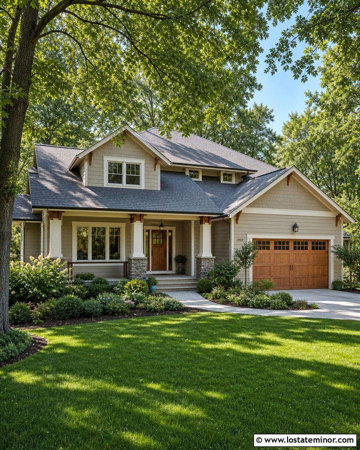 Greige House With Natural Wood Garage Door - 30 Greige House Design With Garage Door Ideas