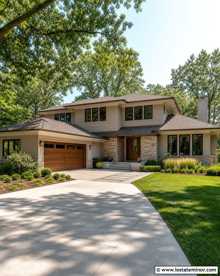 Greige House With Natural Wood Garage Doors - 30 Greige House Design With Accents Ideas