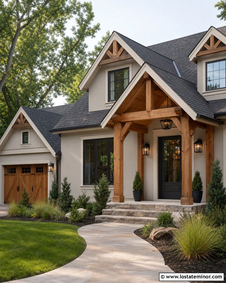 Greige House With Natural Wood Portico - 30 Greige House Design With Portico Ideas