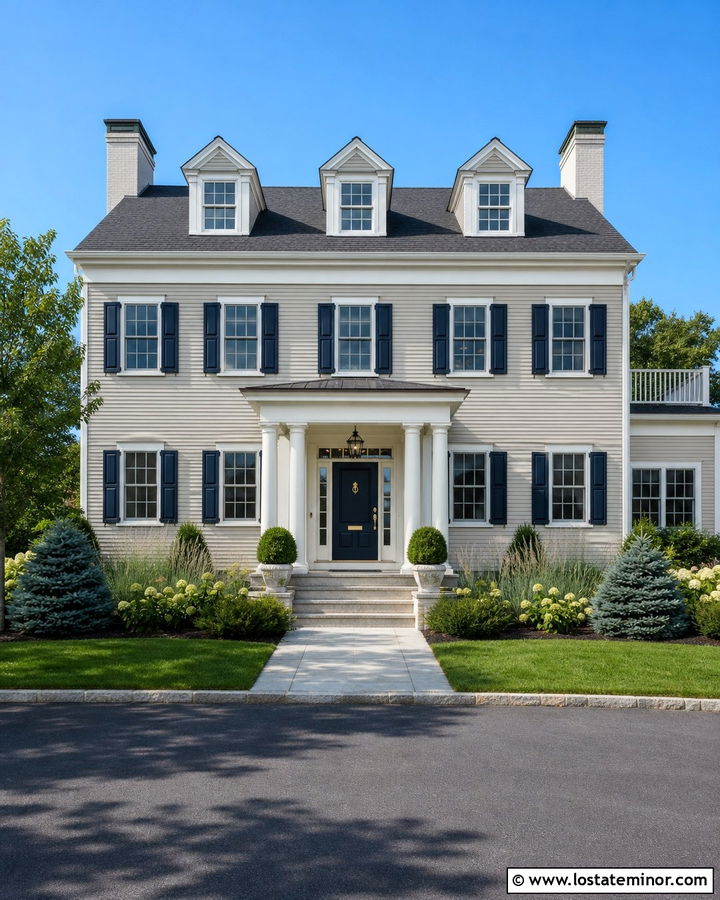 Greige House With Navy Blue Shutters - 30 Greige House Design With Shutters Ideas
