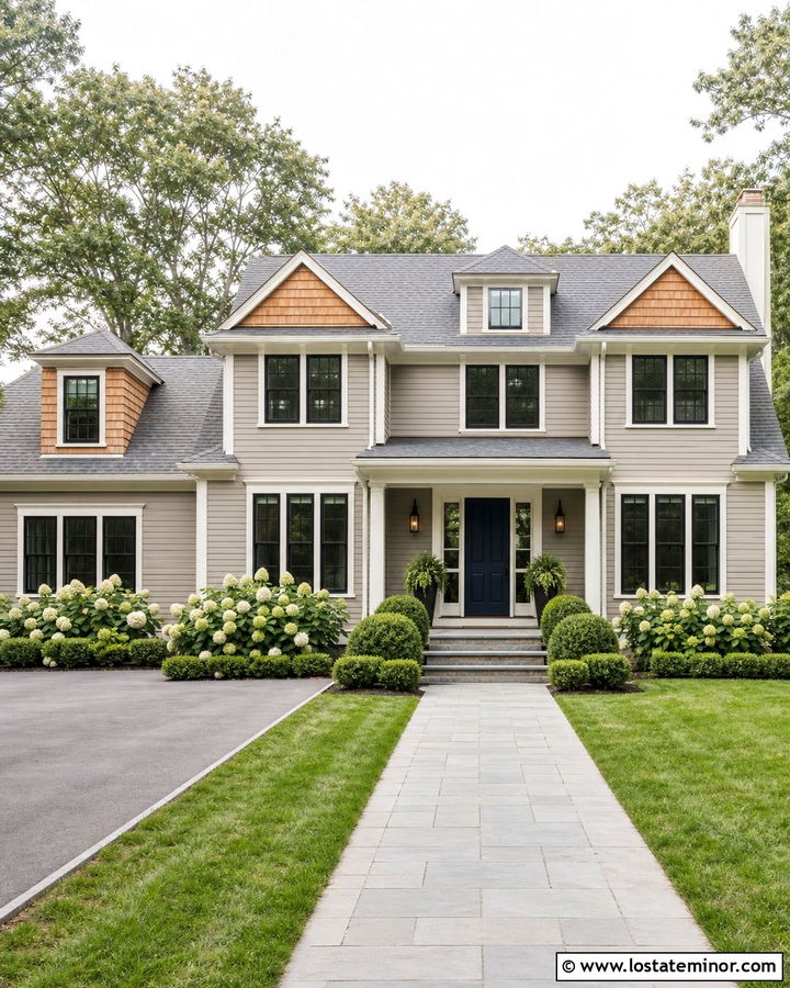 Greige House With Navy Door And Cedar Shakes - 30 Greige House Design With Cedar Shake Ideas