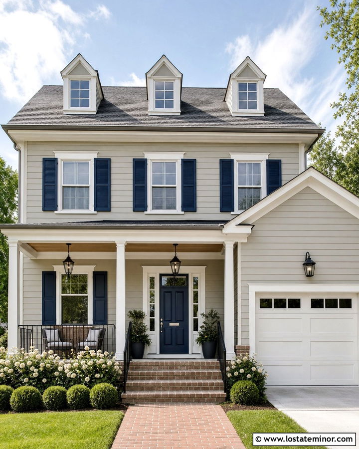 Greige House With Navy Door And Gray Shingles - 30 Greige House Design With Shingles Ideas
