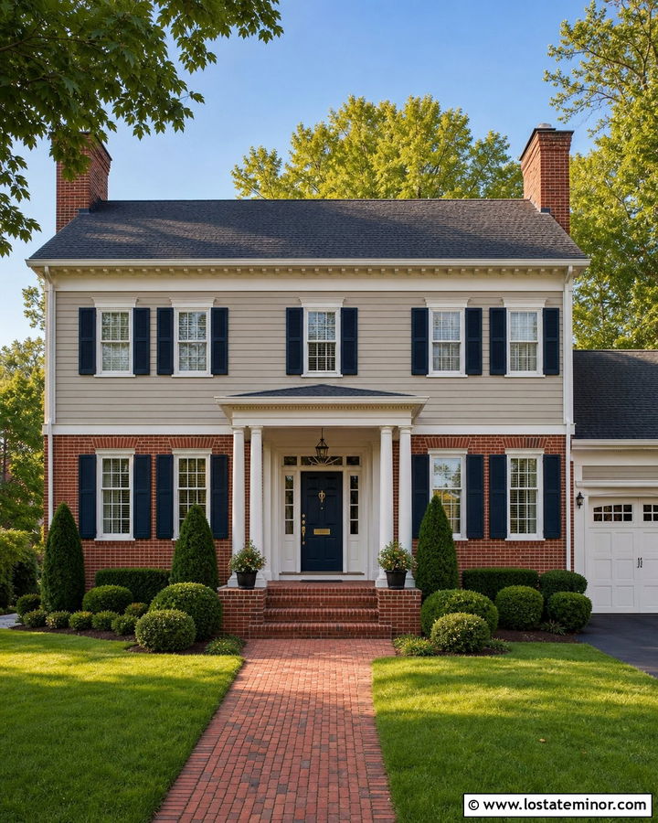 Greige House With Navy Door And Red Brick - 30 Greige House Design With Brick Accents Ideas