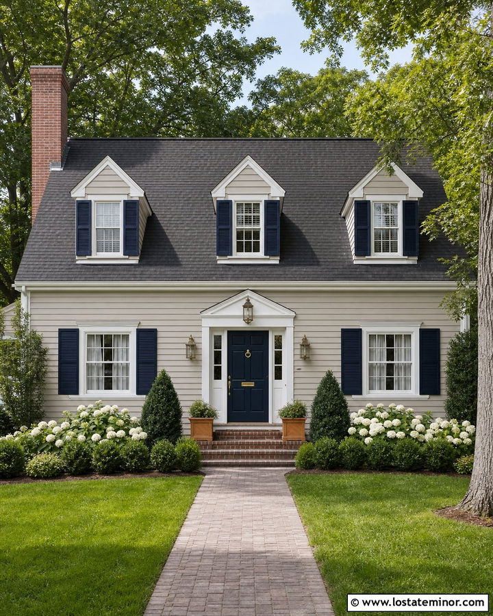 Greige House With Navy Dormer Accents - 30 Greige House Design With Dormers Ideas