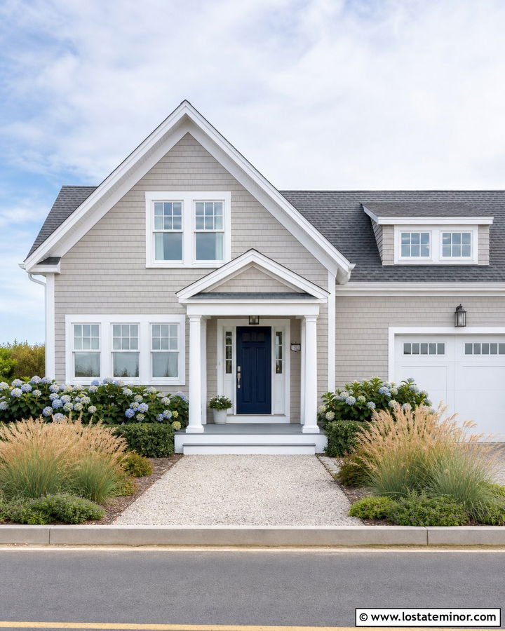 Greige House With Navy Front Door - 30 Greige House Design With Front Porch Ideas