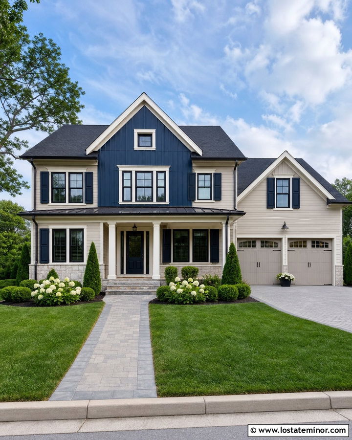 Greige House With Navy Gable Accents - 30 Greige House Design With Gables Ideas