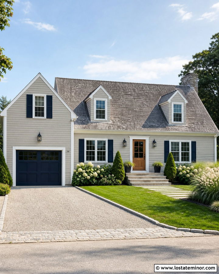 Greige House With Navy Garage Door - 30 Greige House Design With Garage Door Ideas