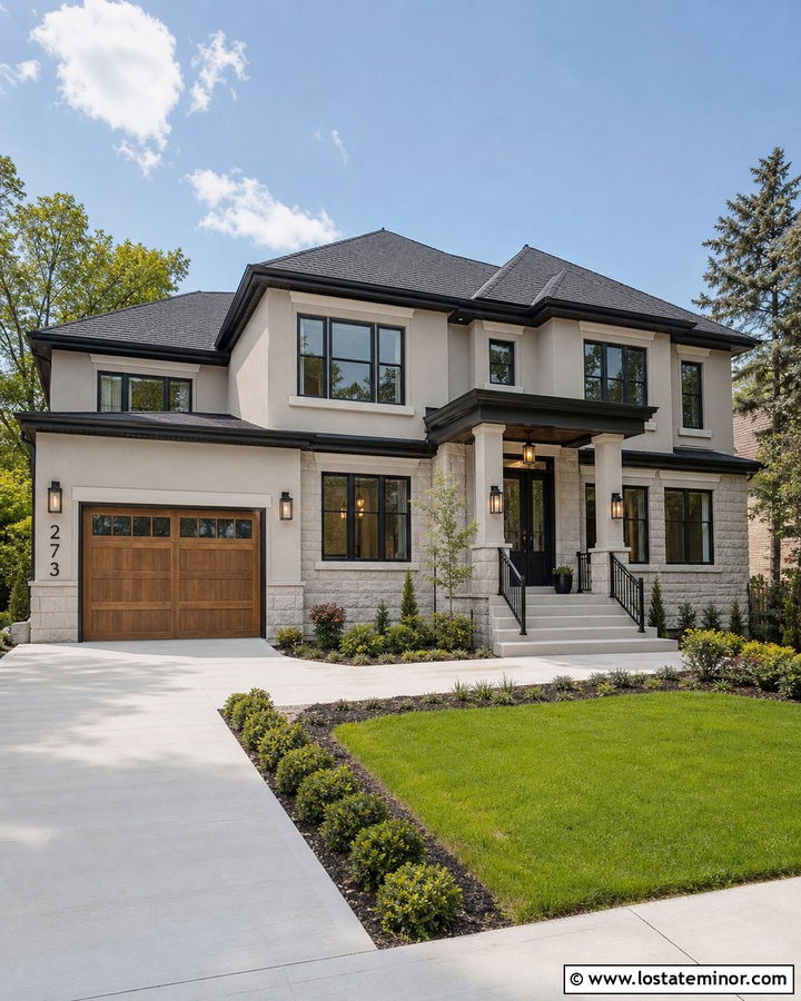 Greige House With Numbers Beside Garage - 30 Greige House Design With House Numbers Ideas