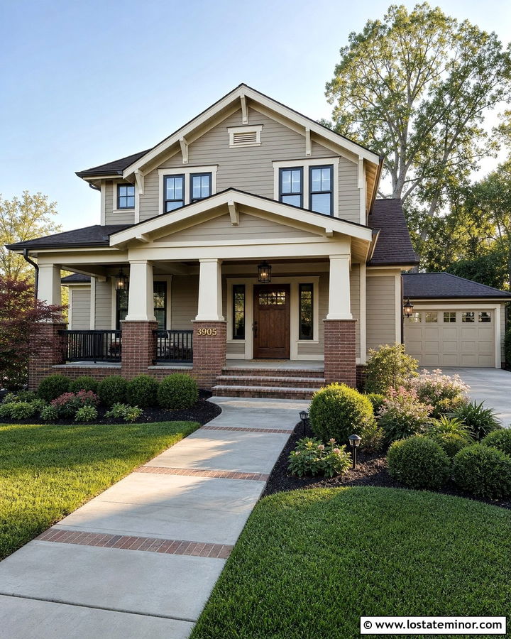 Greige House With Numbers On Brick Column - 30 Greige House Design With House Numbers Ideas