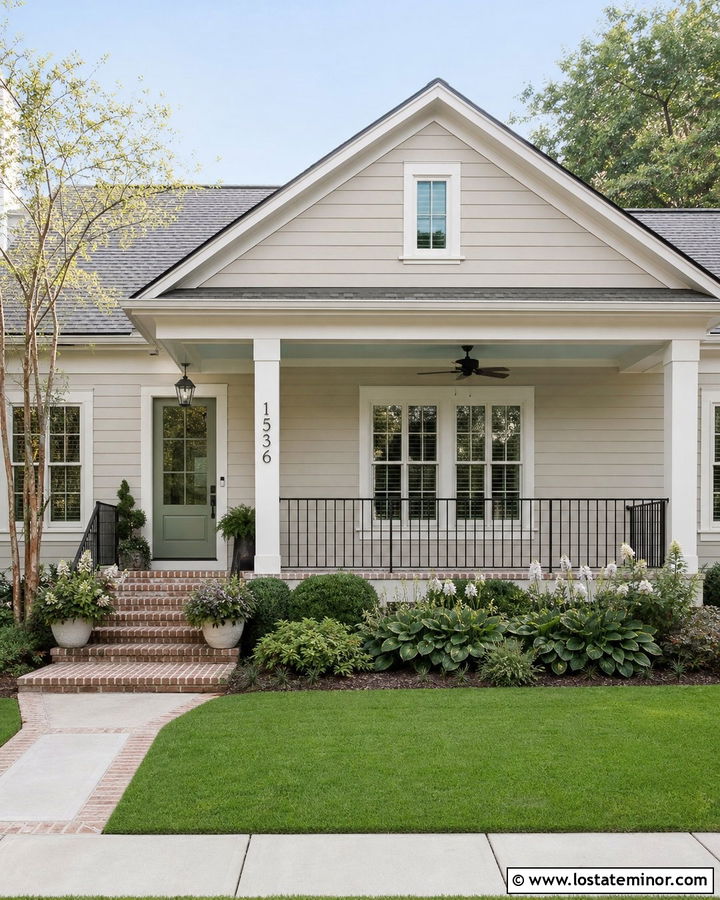Greige House With Numbers On Porch Column - 30 Greige House Design With House Numbers Ideas
