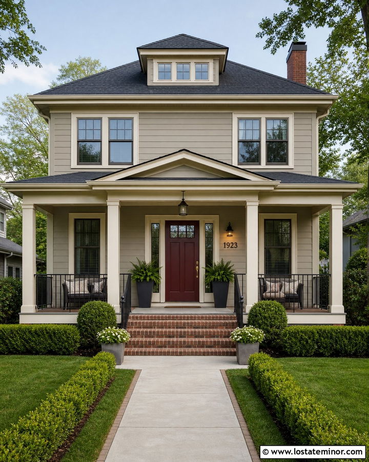 Greige House With Numbers Under Porch Light - 30 Greige House Design With House Numbers Ideas