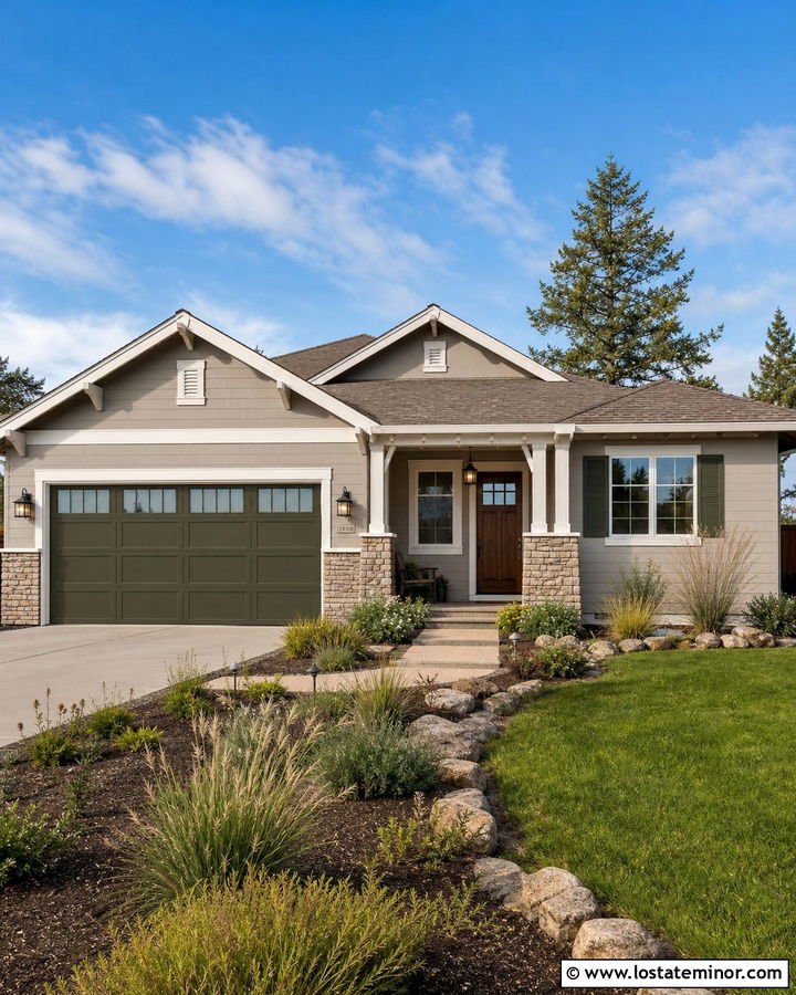 Greige House With Olive Garage Door - 30 Greige House Design With Garage Door Ideas