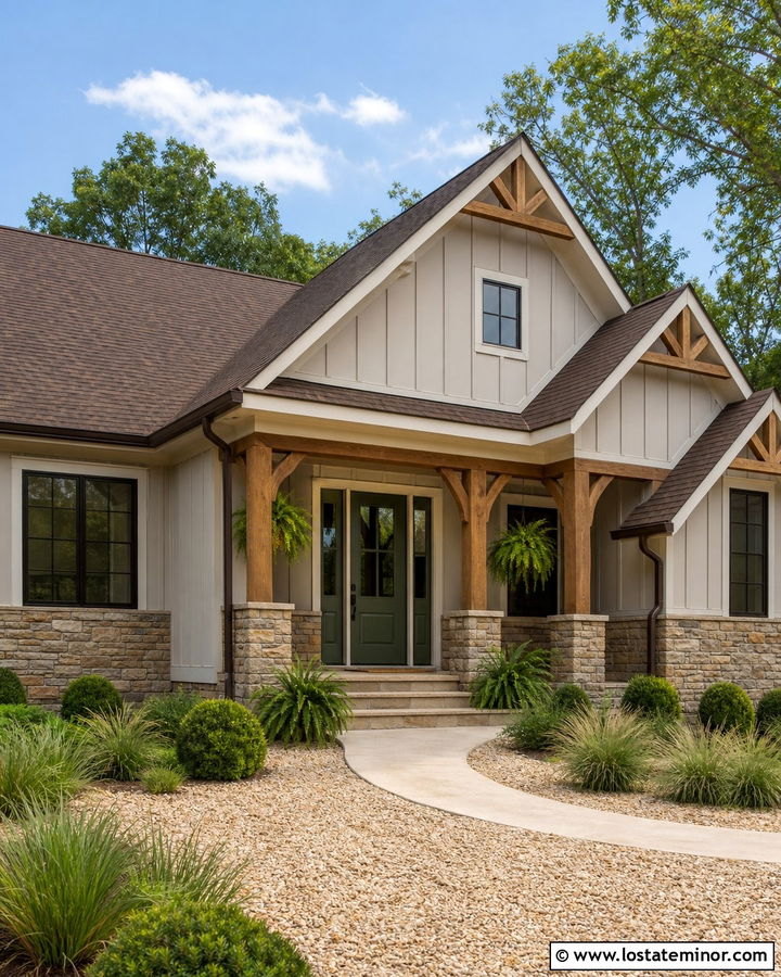 Greige House With Olive Green Front Door - 30 Greige House Design With Front Door Ideas