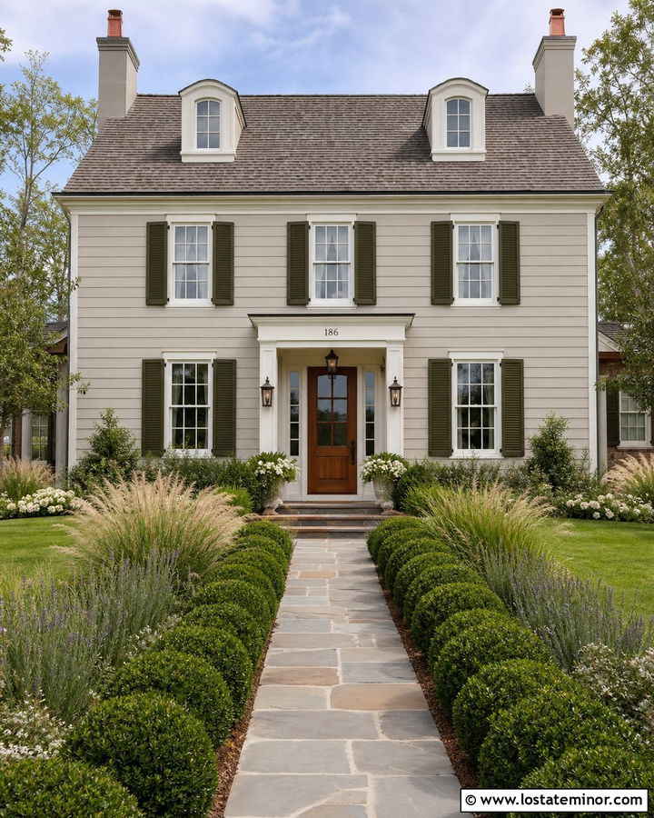 Greige House With Olive Green Shutters And Wood Door - 30 Greige House Design With Accents Ideas