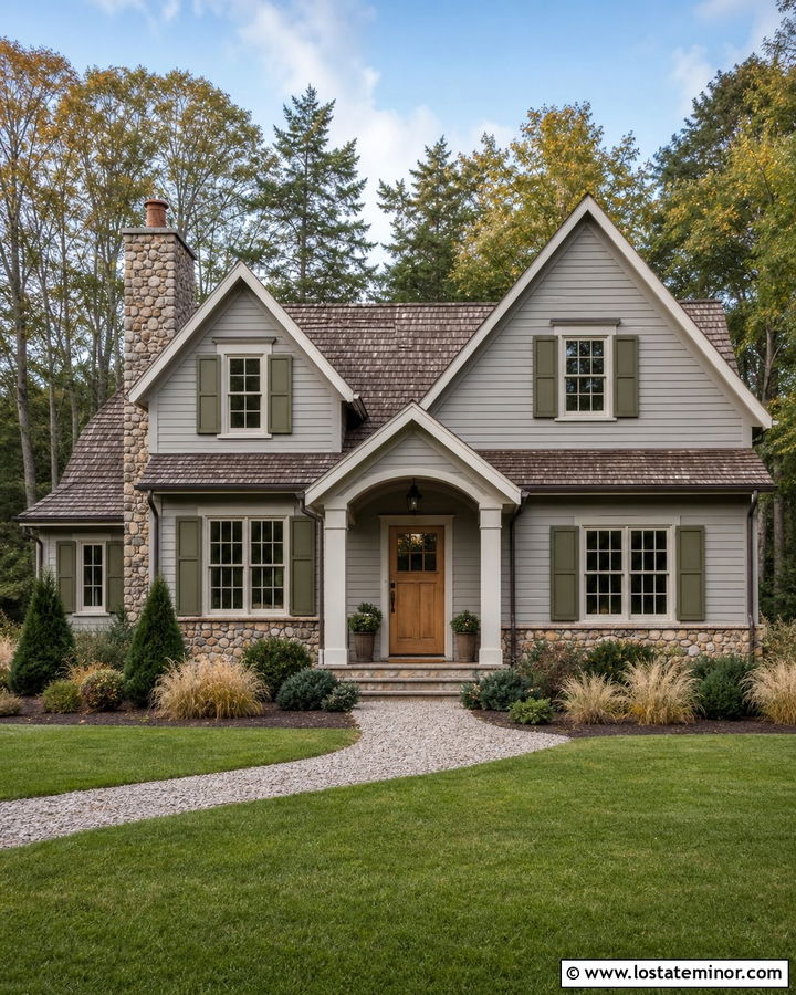 Greige House With Olive Green Shutters - 30 Greige House Design With Shutters Ideas