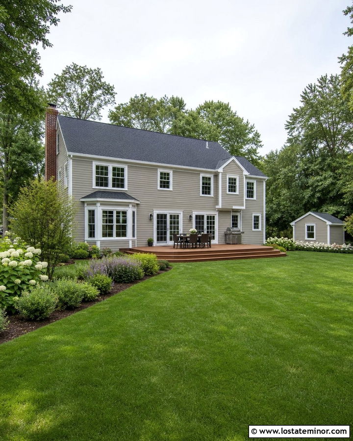 Greige House With Open Lawn - 30 Greige House Design With Backyard Ideas