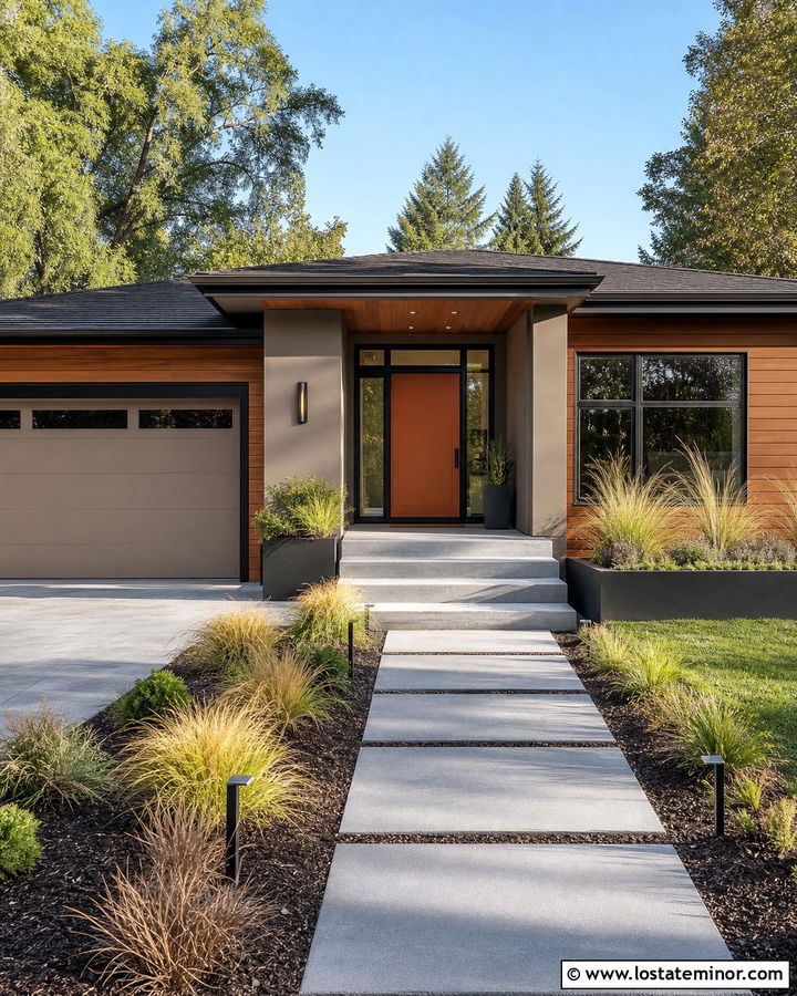 Greige House With Orange Front Door - 30 Greige House Design With Front Door Ideas