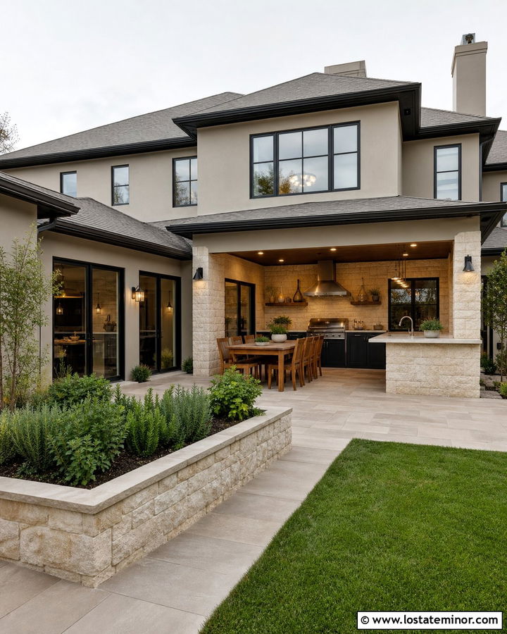 Greige House With Outdoor Kitchen - 30 Greige House Design With Backyard Ideas
