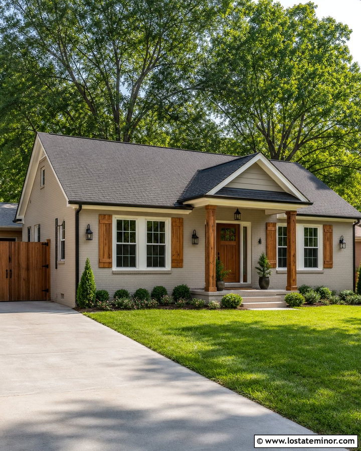 Greige House With Painted Brick And Wood Shutters - 30 Greige House Design With Accents Ideas
