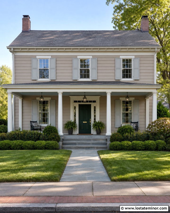 Greige House With Pale Gray Porch Ceiling - 30 Greige House Design With Porch Ceiling Ideas
