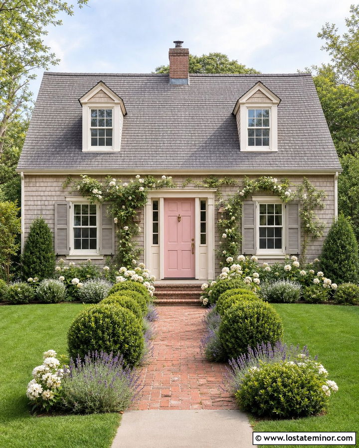 Greige House With Pale Pink Front Door - 30 Greige House Design With Front Door Ideas