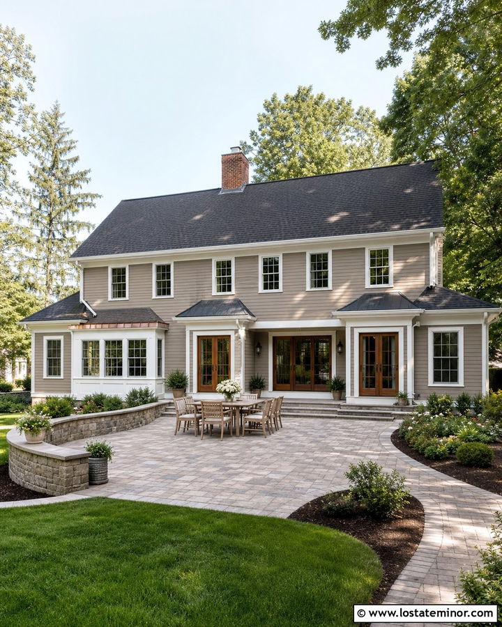 Greige House With Paver Patio - 30 Greige House Design With Backyard Ideas
