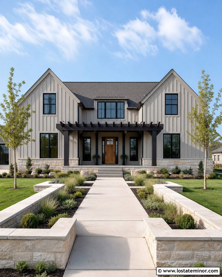 Greige House With Pergola And Black Windows - 30 Greige House Design With Pergola Ideas