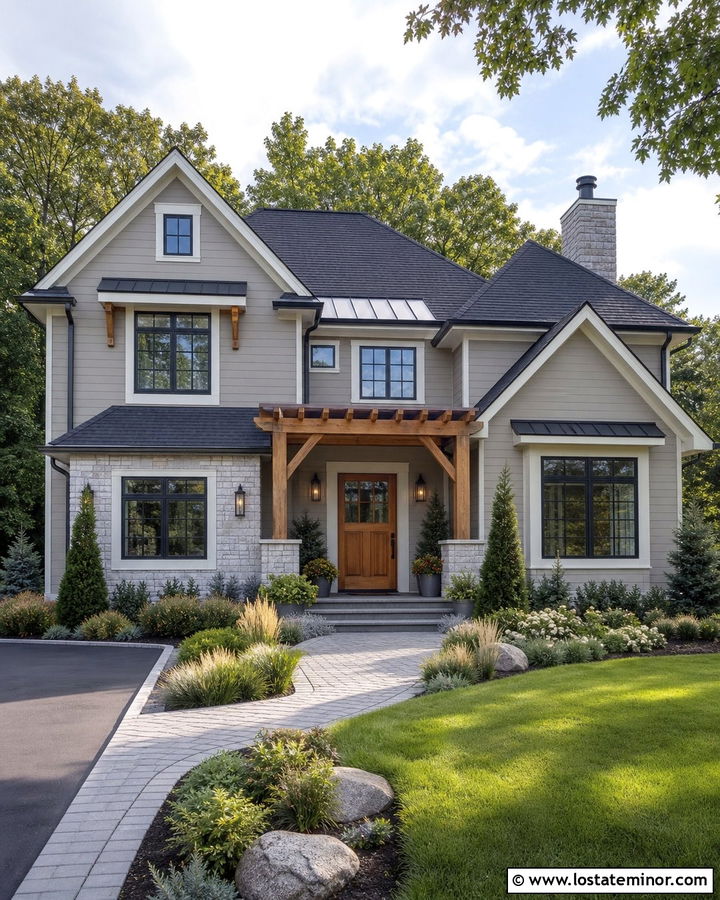 Greige House With Pergola And Charcoal Roof - 30 Greige House Design With Pergola Ideas