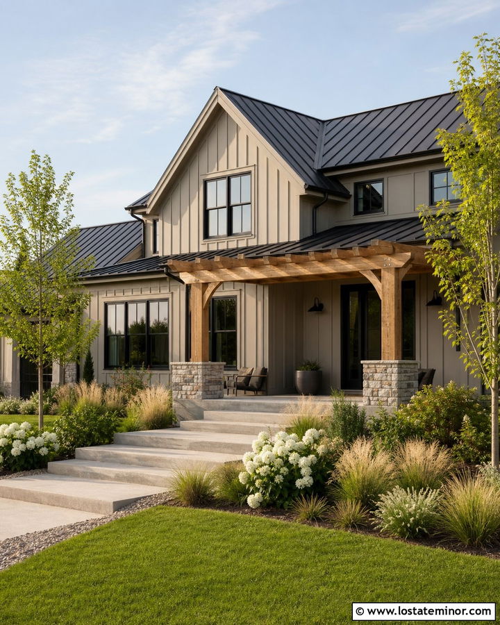 Greige House With Pergola And Metal Roof - 30 Greige House Design With Pergola Ideas