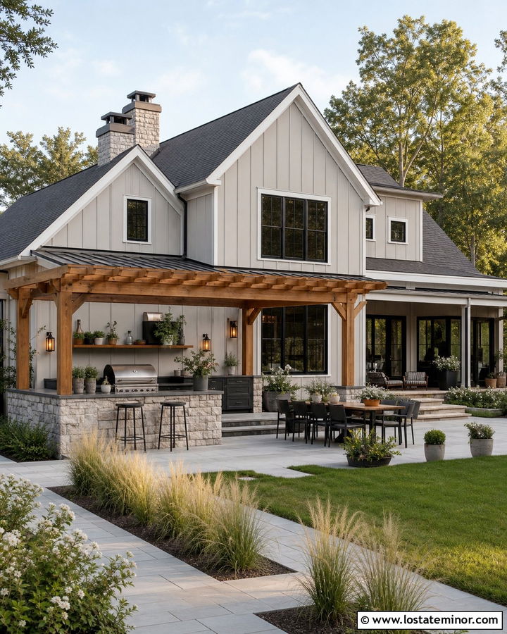 Greige House With Pergola And Outdoor Kitchen - 30 Greige House Design With Pergola Ideas