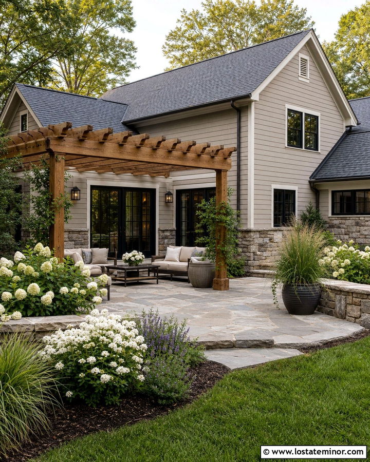 Greige House With Pergola And Stone Patio - 30 Greige House Design With Pergola Ideas