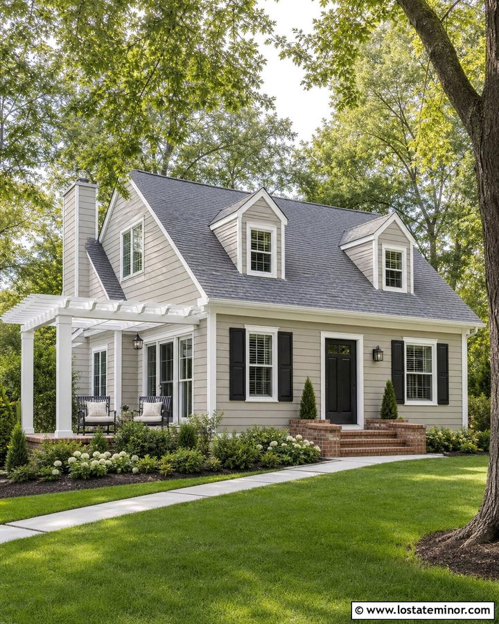 Greige House With Pergola And White Trim - 30 Greige House Design With Pergola Ideas