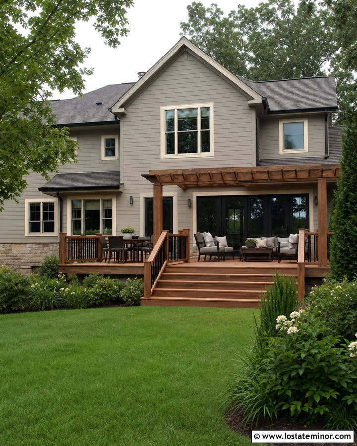 Greige House With Pergola And Wood Deck - 30 Greige House Design With Pergola Ideas