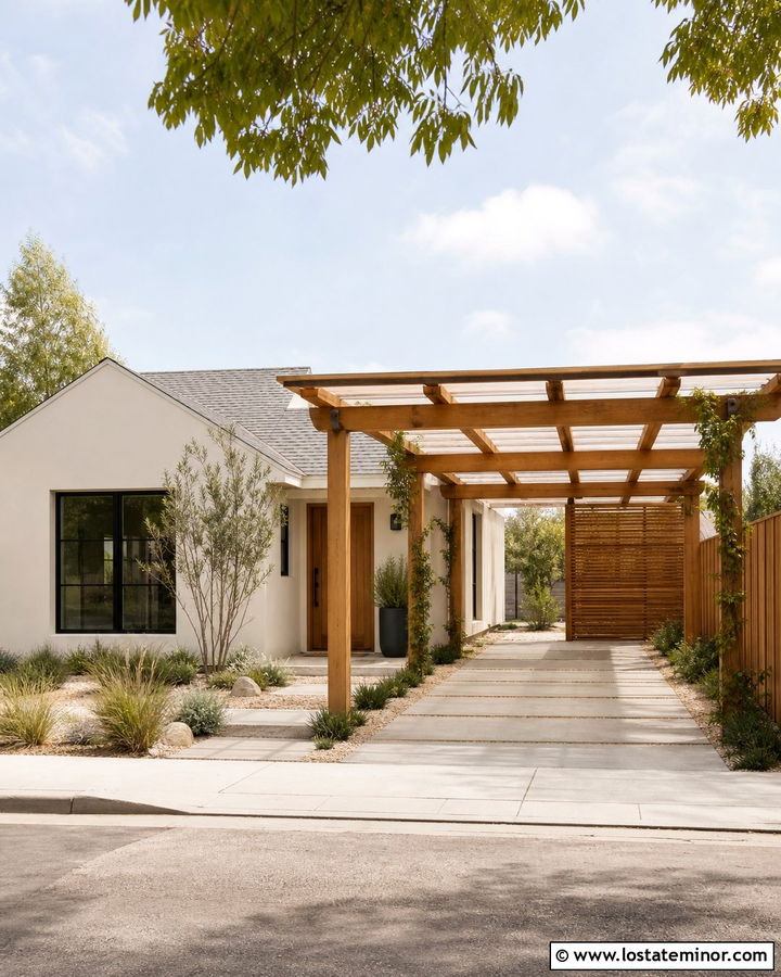 Greige House With Pergola Carport - 30 Greige House Design With Carport Ideas