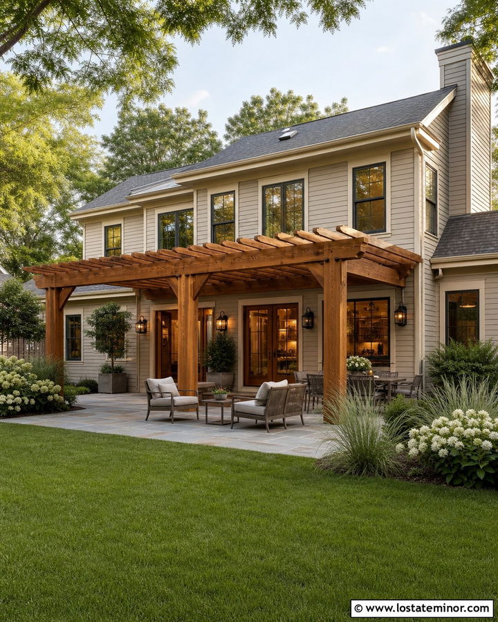 Greige House With Pergola Covered Patio - 30 Greige House Design With Pergola Ideas