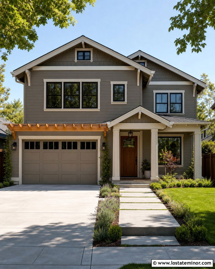 Greige House With Pergola Over Garage - 30 Greige House Design With Pergola Ideas