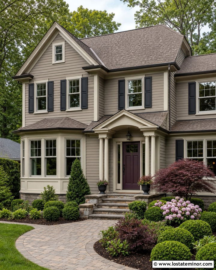 Greige House With Plum Front Door - 30 Greige House Design With Front Door Ideas